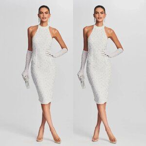 NWT Retrofete Olivia Cocktail Dress White Sequins Halter Open Back Size XS